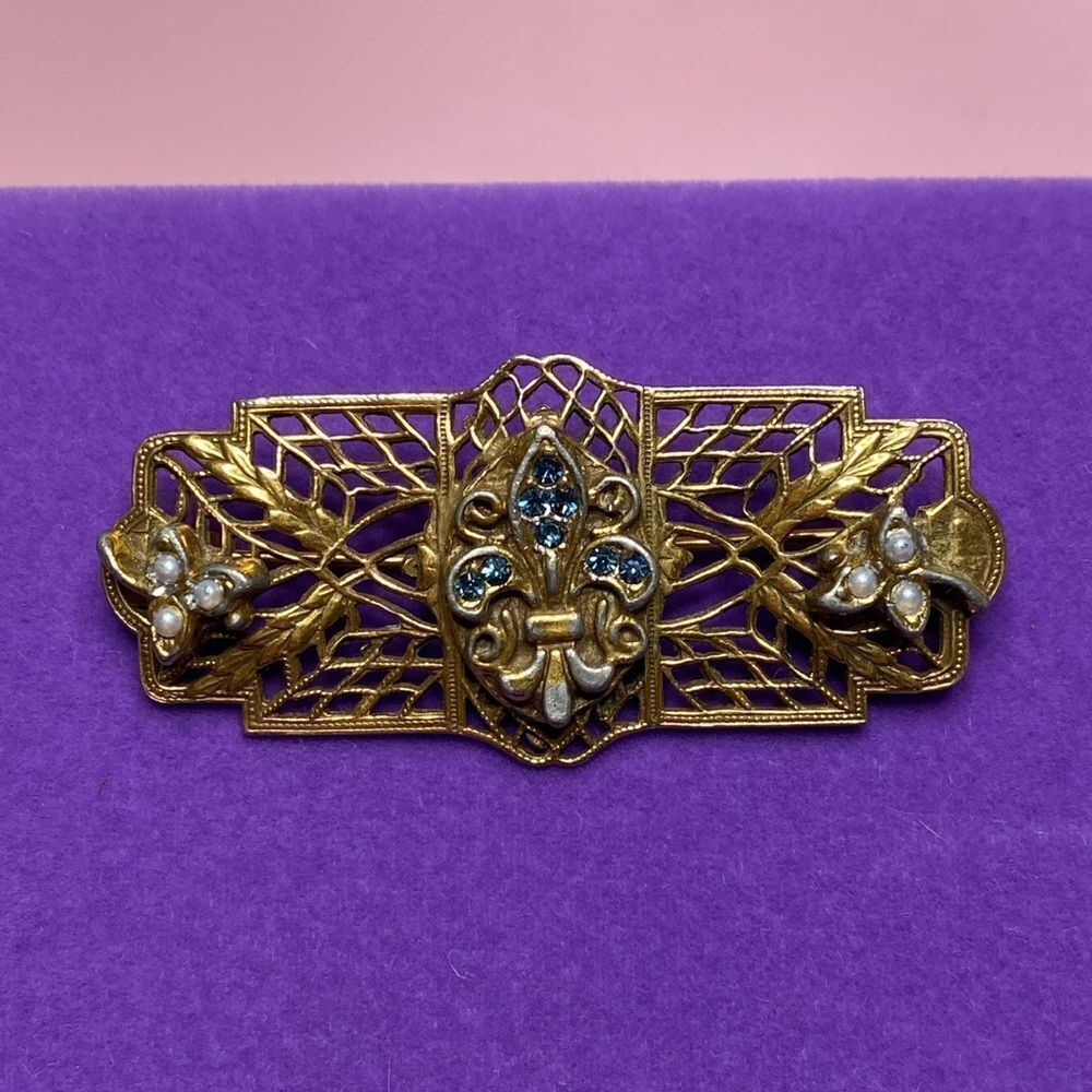💛 Antique Victorian Gold Filled Blue Paste & Seed Pearl Brooch